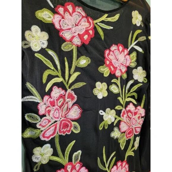 Black Sheer Pink Green Floral Embroidered Long Sleeve Top Whimsigoth Sz M - Picture 2 of 6